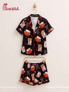 Chick-fil-A Inspired Satin Pajama Set – Black Novelty Print Cozy Lounge Set